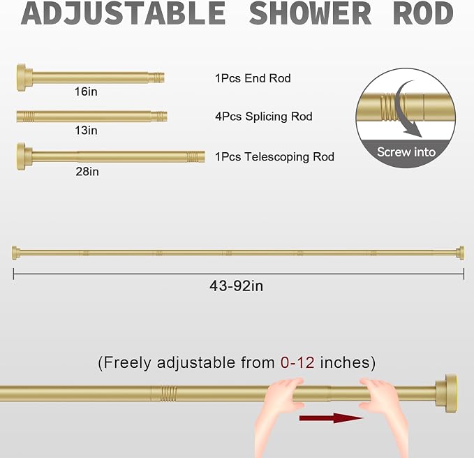 Thestoa Gold Shower Curtain Rod Adjustable 43-92 inch, 1"Diameter Spring Tension Curtain Rod No Drill, Anti-Rust Non-Slip Shower Rod for Bathroom