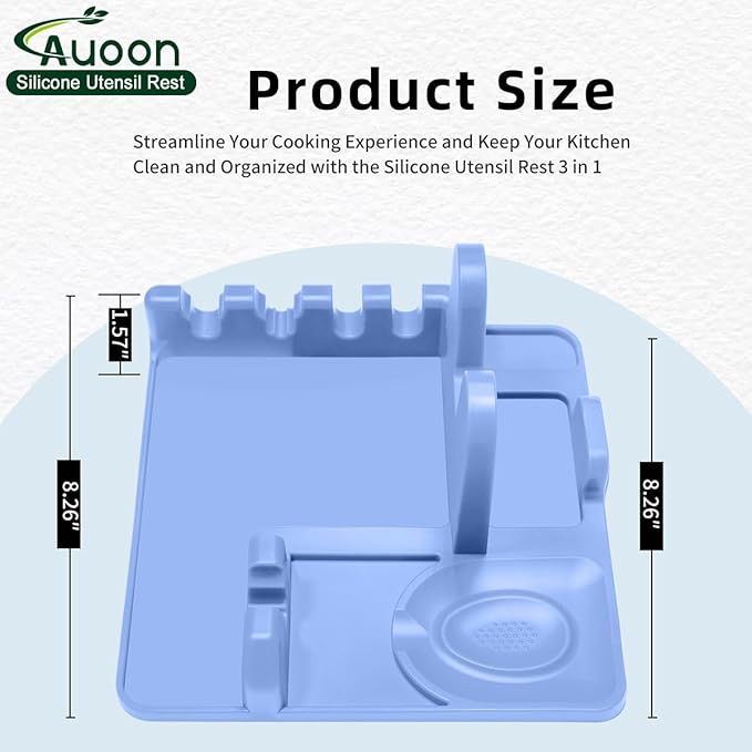 Auoon Silicone Spoon Rest with Lid Holder, 3-in-1 Kitchen Utensil Rest for Soup Ladles, Pot Lids, Spatulas, Spoons, Tongs, BPA Free & Dishwasher Safe, 8.26 x 8.06 Inch (Blue Velvet, Large)