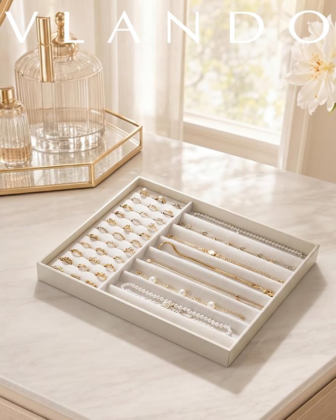VLANDO Stackable Jewelry Tray, Drawer Organizer for Rings Necklaces,Beige | Ring Slots, Long Sections, Vanity Storage, Keeps Chains, Earrings, Pendants Tidy, Gift for Women Girl
