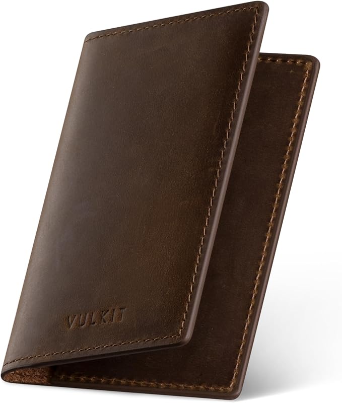 VULKIT Genuine Leather Business Card Holder 2 Sided Slim Business Name Card Organizer for Men or Women, up to Hold 20 cards (Genuine Dark Brown)
