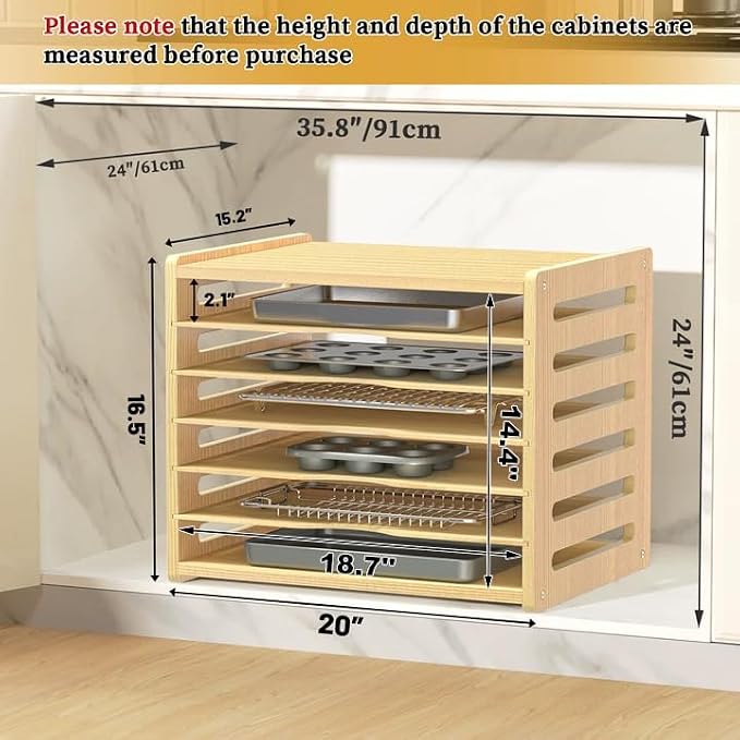7 Tier Large Size Wooden Tray Dividers for Cabinets, Cookie Baking Sheet Organizer for Cabinet, Vertical Tray Dividers for Storing pans, Baking trays, Cutting Board