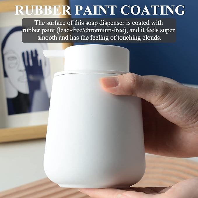 Bosilunlife 12Oz Ceramic Foam Soap Dispenser for Bathroom Kitchen Counter | Premium countertop foam pump creates delicate dense foam, stable desktop placement, Rubber Paint White