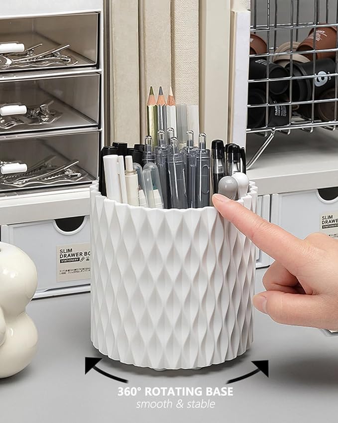 Lebenrich Rotating Pen Pencil Holder for Desk, 5 Slots Unique Grey Desk Pen Organizer Easthetic Desktop Supplies and Accessories for Women Girls, Pen Cup Pencil Caddy for Office Home Art Supply