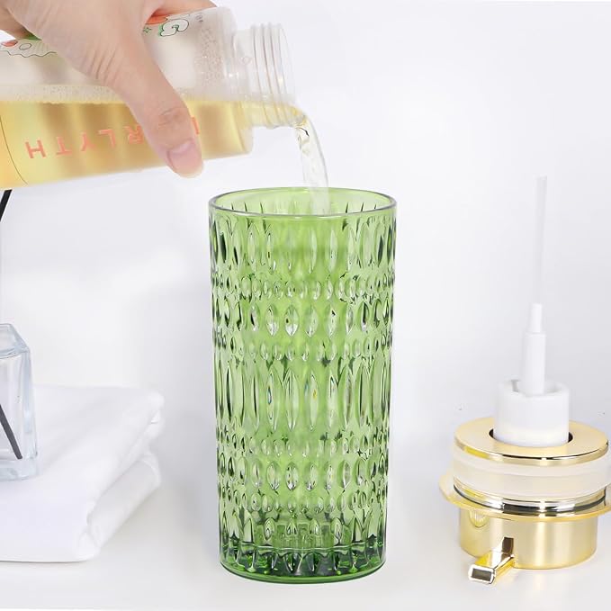 Foaming Soap Dispenser, Bathroom Green Glass Foam Soap Dispenser, Refillable 14 Oz Foam Pump Bottle Container with Gold Pump, Decorative Dish Soap Dispenser for Kitchen