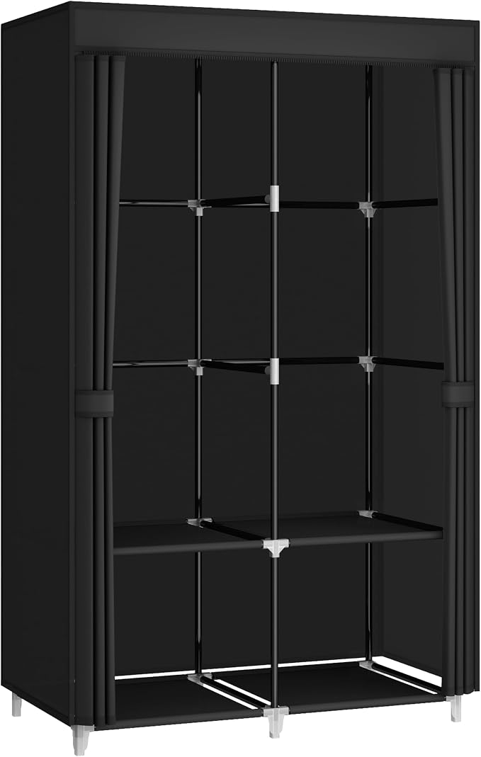 35“ Portable Closet Wardrobe for Small Room, Hanging Rods Shelves & Cover | 2 Clothes Hanging Rods, 4 Shelves and Non-Woven Fabric Cover