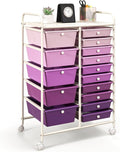 GOFLAME 15-Drawer Rolling Storage Cart, Craft Storage Cart with Removable Drawers & Lockable Wheels, Art Cart Supply Storage Organizer for Home Office Classroom, Purple Gradient