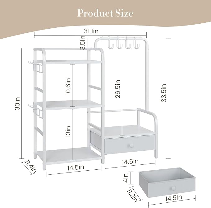 Purse Organizer for Closet, with Bottom Drawer, Extra Large Capacity 3 Tier Handbag Storage Rack for Women, 10 Purse Hanger and Hooks for Bag Organizer, Floor-Standing, Home, Living Room (White)