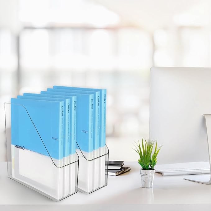4Pcs Clear Acrylic Magazine File Holder, Plastic Vertical File Folder Storage Magazine Rack Bin, Acrylic Magazine Holder, Desk Document Sorter Organizer for Home Office School Work Desktop Supplies
