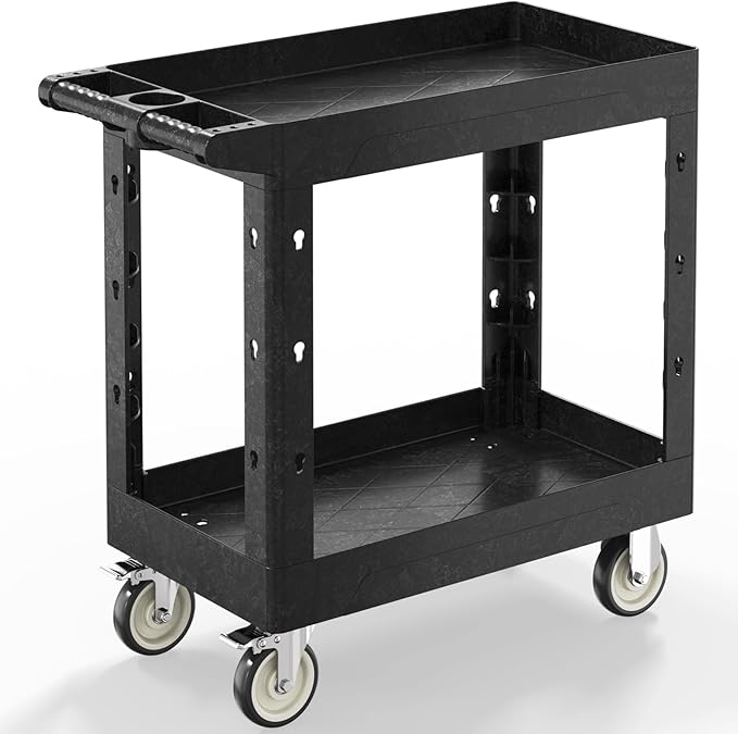 Plastic Utility Cart on Wheels, 34 x 17 Inch Rolling Service Cart-Black | 2 Shelf Work Carts, 500 lbs Capacity Heavy Duty Tool Cart W/Tub Storage & Deep Shelve, for Warehouse, Garage, Cleaning