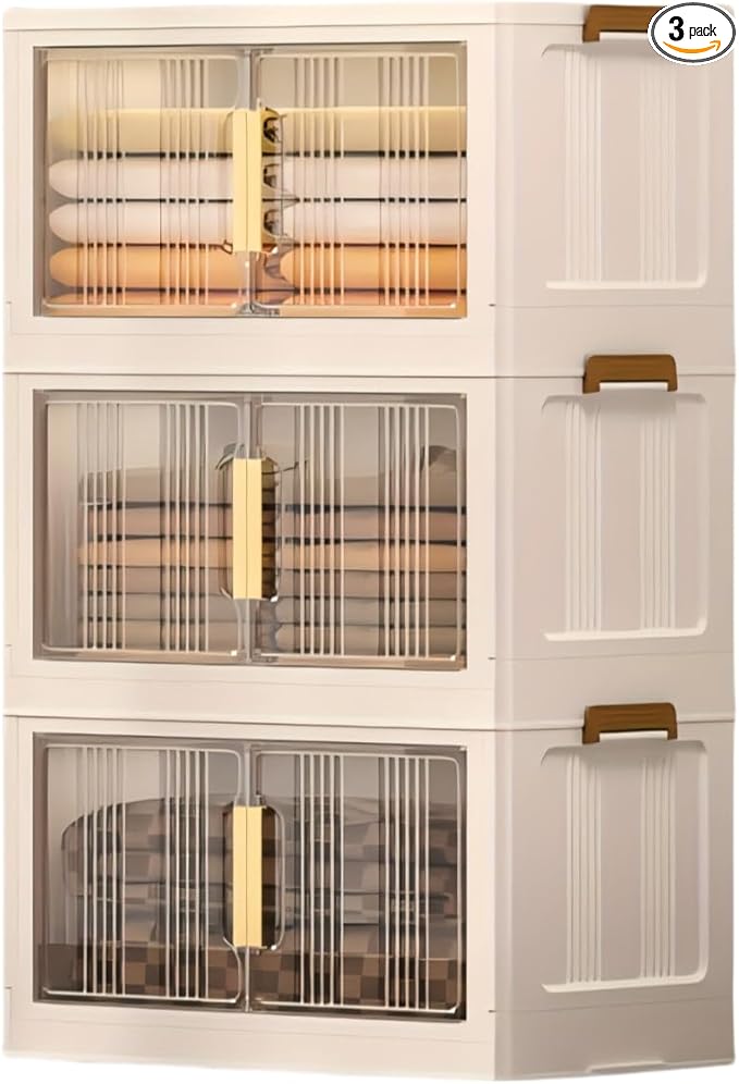Storage Bins with Lids, 3 Tier 255 QT Stackable Plastic Storage Bins, Foldable Storages Boxes with Magnetic Doors and Wheels for Clothes, Snacks, Books, Folding Containers for Home Office