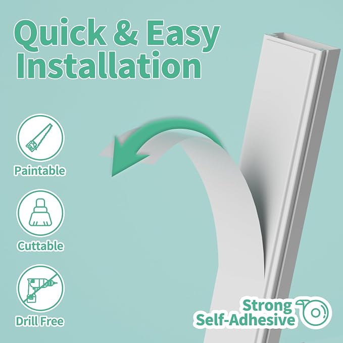 Delamu Cord Hider, 100in Self-Adhesive Cord Cover Kit for Wall Mounted TV, Paintable Wire Hider, Flexible Cable Management System, Cable Raceway Conceals 1-2 Wires, W0.59 H0.40in, White