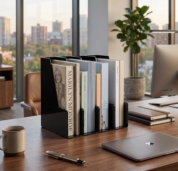 LALOBLUE 4 Pack Black Vertical Magazine File Holder Desk Organizer Bins | Plastic, Holds Magazines, Binders, Notebooks, Envelopes, 4 Pack Black Vertical Magazine File Holder Desk Organizer Bins