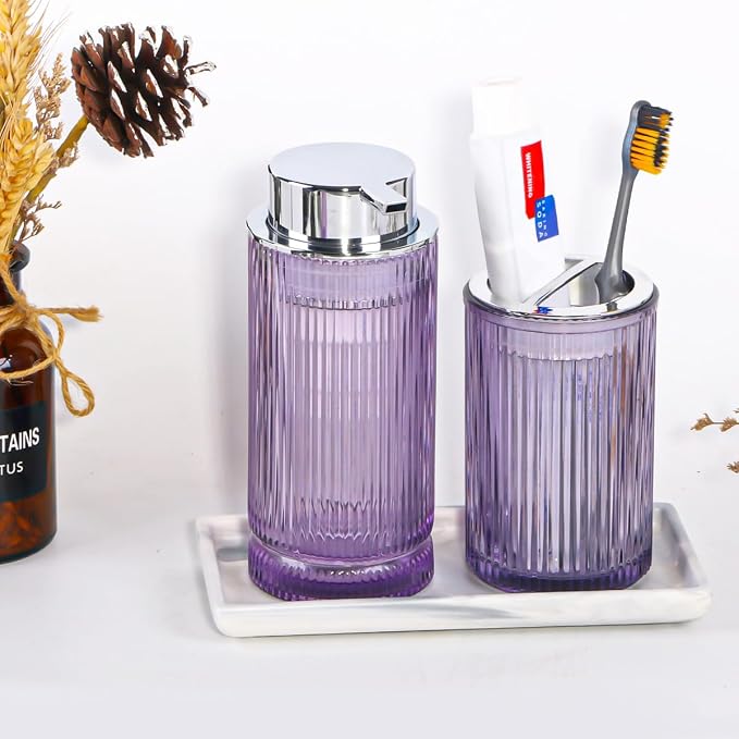 Foaming Soap Dispenser, Purple Glass Foam Soap Dispenser with Silver Pump, 14 Oz Bathroom Refillable Liquid Lotion Pump Ribbed Bottle Container for Kitchen Countertop Decor