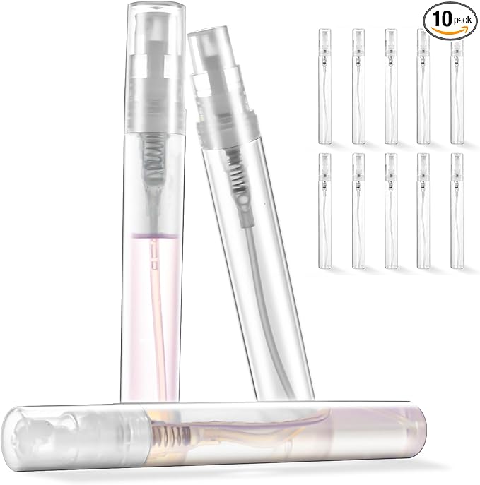 Chiallco Mini Perfume Sample Bottles, 10 Pack 5 ml Plastic Small Perfume Spray Bottle, Fine Mist, Portable Perfume Travel Refillable Bottle, Upgraded atomizer sprayer for perfume, Clear