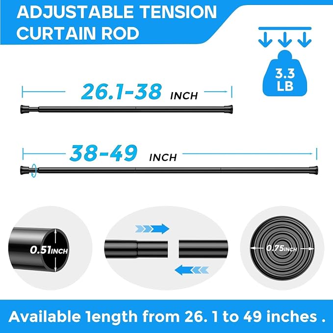 6 Pack Black Spring Tension Curtain Rods 28-48 Inches, Spring Loaded Curtain Rods No Drilling, Adjustable Small Tension Rod for Windows Bedroom Bathroom Kitchen Doorway Closet