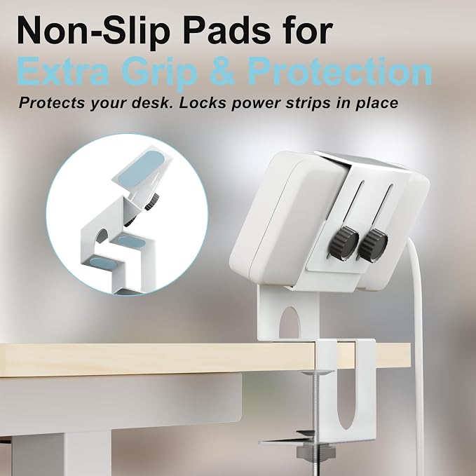 Power Strip Holder (4 Pack), No-Drill Clamp Mount for Power Strip, Under Desk Power Strip Holder, Fits 2"-4" Surge Protectors, for Desk Edge 0.2-2.56" (White)