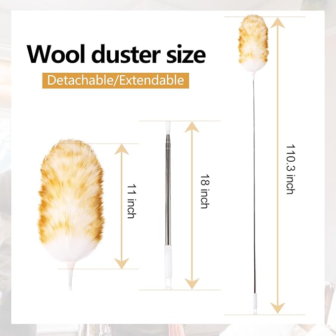 Lambswool Extendable Duster 29-110 Inch, Anti-Static Flexible Head, Stainless Steel Pole for High Ceilings, Fans, Interior & Roof Dusting.