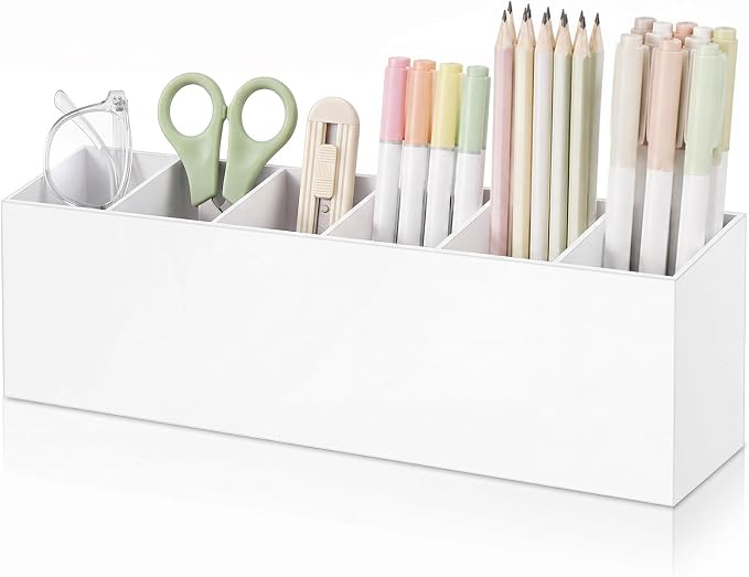 Jetec Acrylic Pen Holder 6 Compartments Makeup Brush Stationery Organizer Pencil Holder for Desk Accessories, Cosmetic Brushes, Dorm, Home, Bathroom, Kitchen, Office Supplies(White)