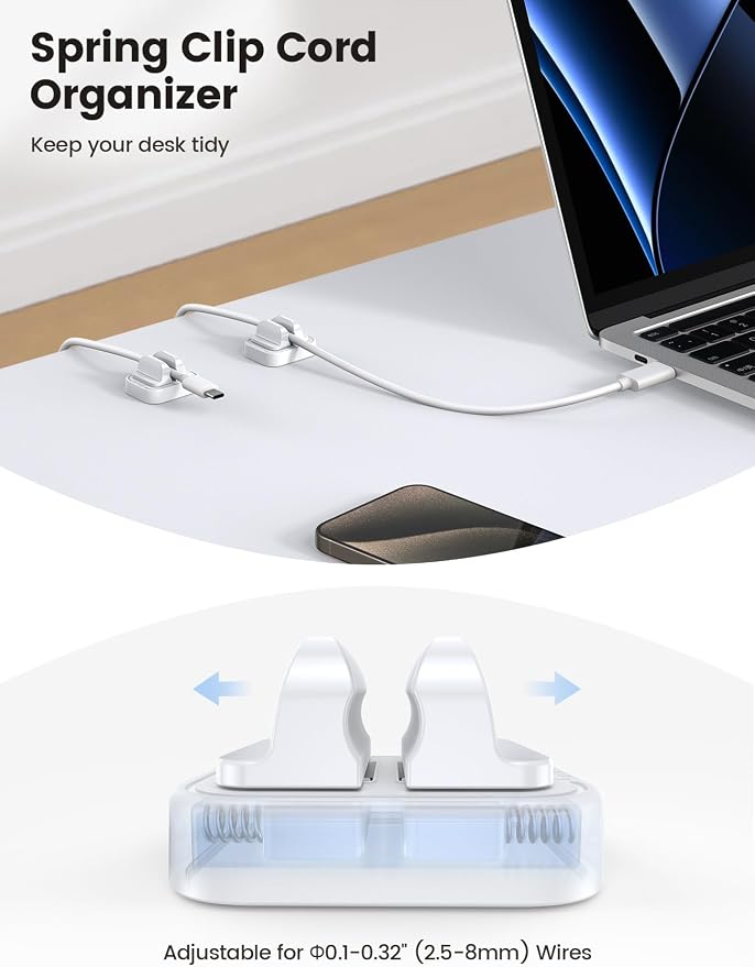 Lamicall 5Pack Cable Spring Fixed Organizer Clips, Cord Organizer for Desk - Adjustable Cord Wire Holder Keeper, Phone Charger Cord Organizer Clips, Wire Cable Management for Nightstand, White