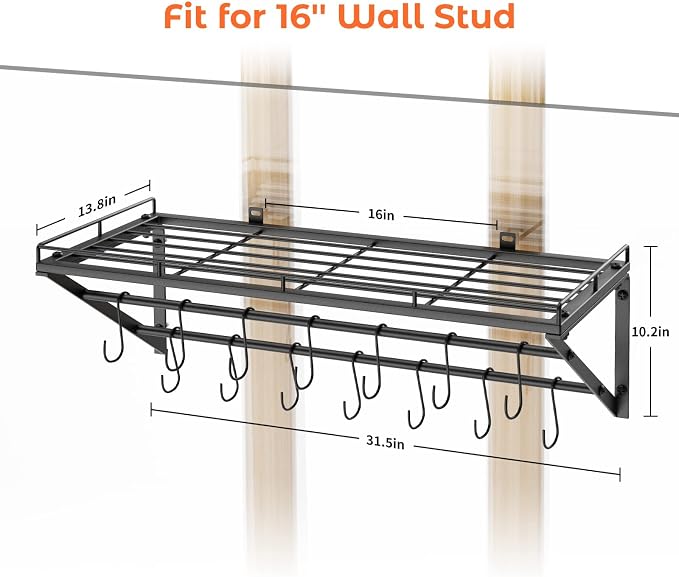 OROPY 31" Pot Rack Wall Mounted, Pot Organizer with 2 Tier Hanging Rails | Heavy Duty Pot and Pan Organizer with Storage Shelf & 12 S Hooks, Space Saving Hanging Pot Rack