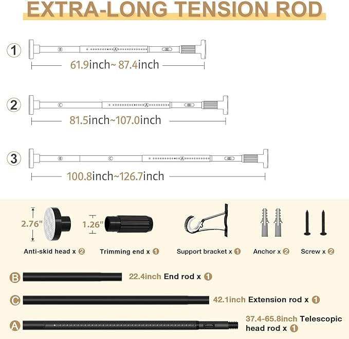 Black Tension Curtain Rod 41-126 In(4-10Ft), Long Curtain Rod No Drilling for Window or Bathroom,Outdoor Tension Rods for Patio, Heavy Duty Shower Rod,Rod Diameter 1.26In-One-bond stretching