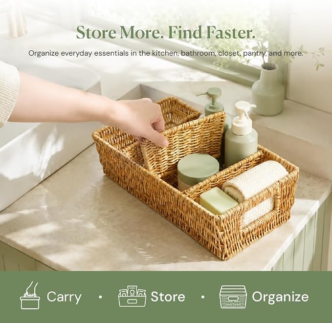 Nature-Inspired Rattan Pantry Organizer Baskets Set of 2 with 3 Removable Dividers – Handwoven Storage Bins for Kitchen or Bathroom Organization, Ideal for Snacks, Coffee & Tea (13” x 7.3” x 3.7”)