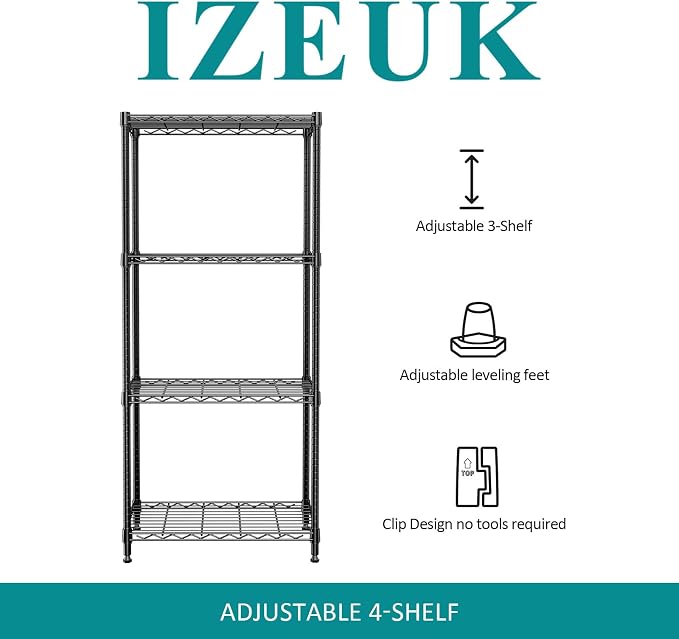 4 Tier Wire Shelf, 1000 LBS Black Wire Shelving Unit for Garage Storage | 13.8" D X 23.6" W X 53.4" H Shelving Unit with Adjustable Layer, Metal Wire Shelf Rack for Pantry Kitchen and Restaurant