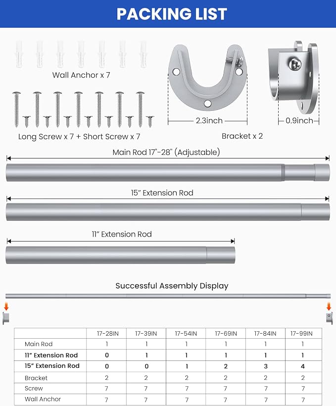 Supforce Closet Rods for Hanging Clothes, 17 to 28 Inches Stepless Adjustable Metal Closet Rod, 1.3 Inches Heavy Duty Clothes Hanging Rod for Closet Wardrobes Laundry RV, Silver