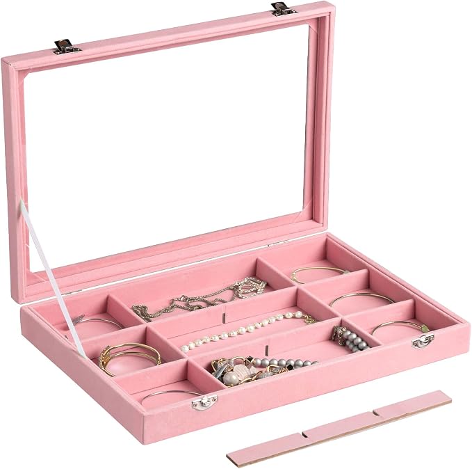 Frebeauty 12 Grid Bracelet Holder Box,Velvet Jewelry Tray with Clear Lid | Real Glass Lid,Bracelet Display,Jewelry Organizer for Bangle Brooch,Adjustable Divider,Dustproof Design,13.8×9.5Inches