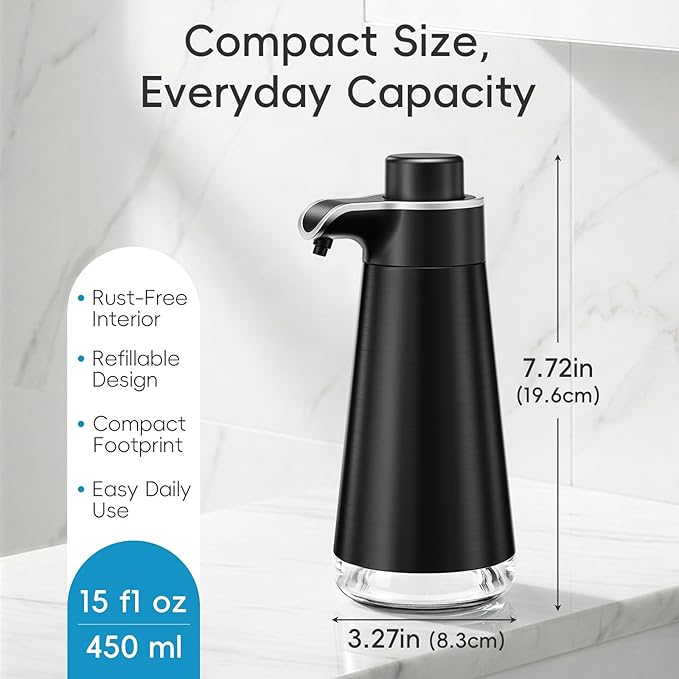 BYUNER Foaming Soap Dispenser for Bathroom & Kitchen, 15 fl oz Refillable Foam Soap Dispenser, Metal Look Countertop Soap Dispenser, Rust-Free Hand Soap Dispenser, Brushed Black