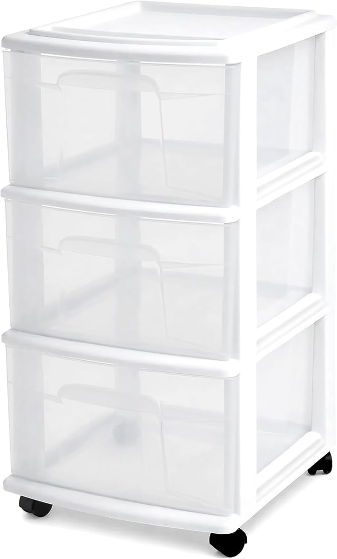 HOMZ Drawer Tower, 3-Tier Rolling Storage Cart with Removable Wheels, White Frame – Plastic Organizer with Clear Bin Drawers for Bedroom, Bathroom, Home Office, and Dorm Room