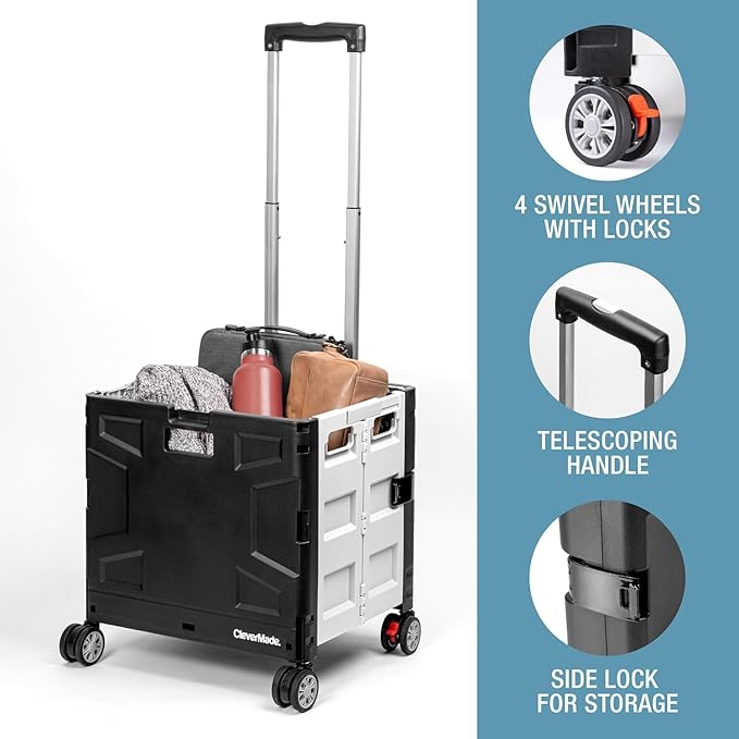 CleverMade Collapsible Crate on Wheels with Handle (35L, 4-Wheel) – Collapsible Rolling Cart with Lid, Foldable Utility Cart for Teachers, Groceries, Travel, and Office Storage – Holds 75 lbs, Black