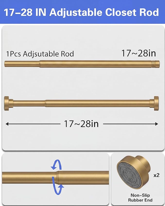 Closet Rod, No Drill Tension Closet Rod for Hanging Clothes, 17-28in, Gold | Quick Tool-Free Install, Non-Slip Rubber Ends Grip Securely, Heavy-Duty Rod Supports Up To 66 lb In Closet, Laundry Rooms, RV