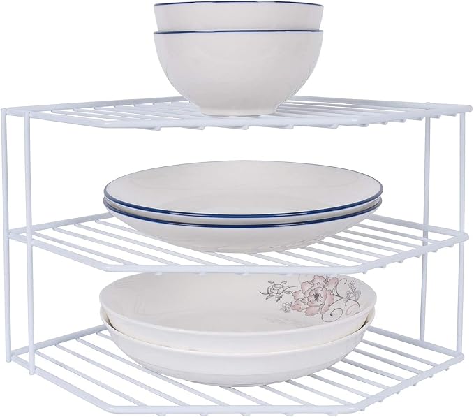 3-Tier Corner Shelf Counter and Cabinet Organizer -Countertop Organizer - Cabinet Corner Rack for Plate - Cabinet & Pantry Kitchen Organization (White)