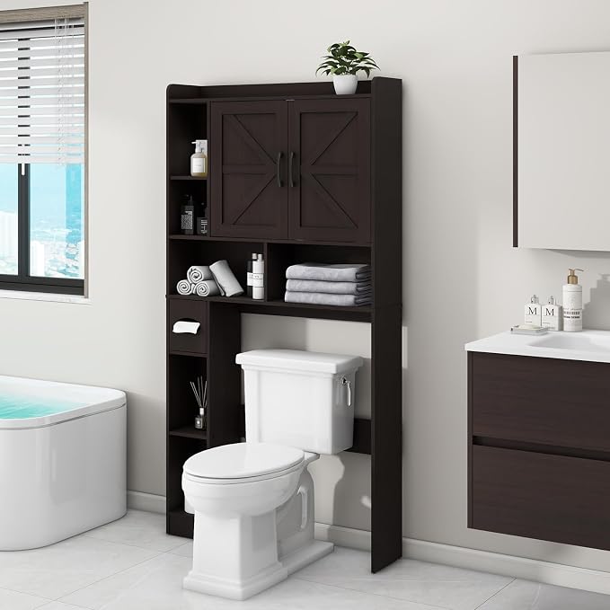 Vabches Over The Toilet Storage Cabinet with 2 Barn Doors, Espresso | Farmhouse Storage Cabinet with Toilet Paper Holder Stand，Home Space-Saving Toilet Rack, for Bathroom, Restroom, Laundry