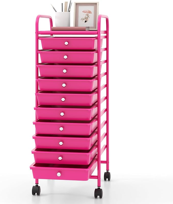 GOFLAME 10-Drawer Rolling Storage Drawer Cart, Utility Cart with Removable Drawers & Metal Frame, Mobile Art Craft Drawer Cart with Lockable Wheels for Home, Office, Studio, School, Hot Pink