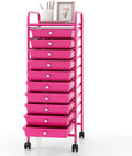 GOFLAME 10-Drawer Rolling Storage Drawer Cart, Utility Cart with Removable Drawers & Metal Frame, Mobile Art Craft Drawer Cart with Lockable Wheels for Home, Office, Studio, School, Hot Pink