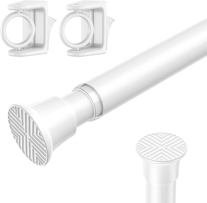 1PCS White Tension Curtain Rod 18-36 Inch Adjustable No Drilling Tension Rods Small Tension Rod Spring Rods, for Windows, Door And Closet. (With One Set Rod Holders)
