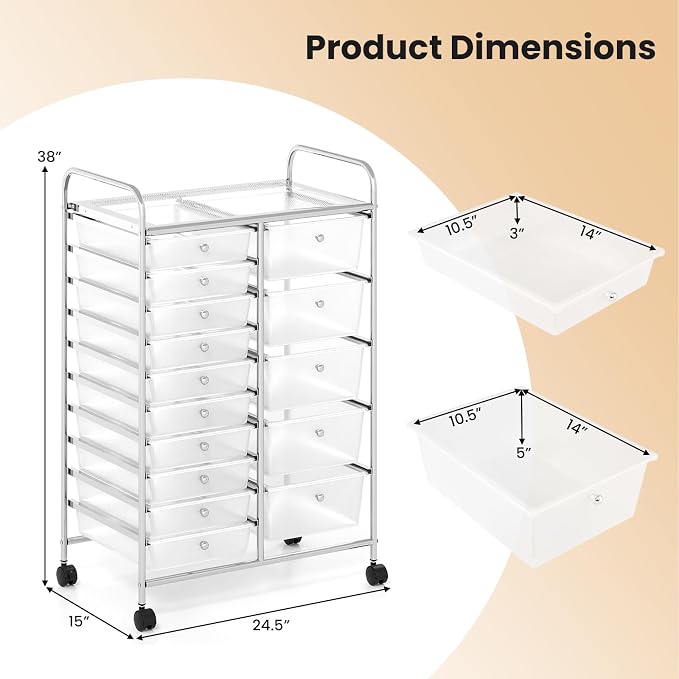DREAMADE 15-Drawer Rolling Storage Cart, Mobile Craft Cart, Clear | Utility Organizer with Lockable Wheels, Removable Plastic Drawers and Metal Frame for Home Office, Classroom and Studio