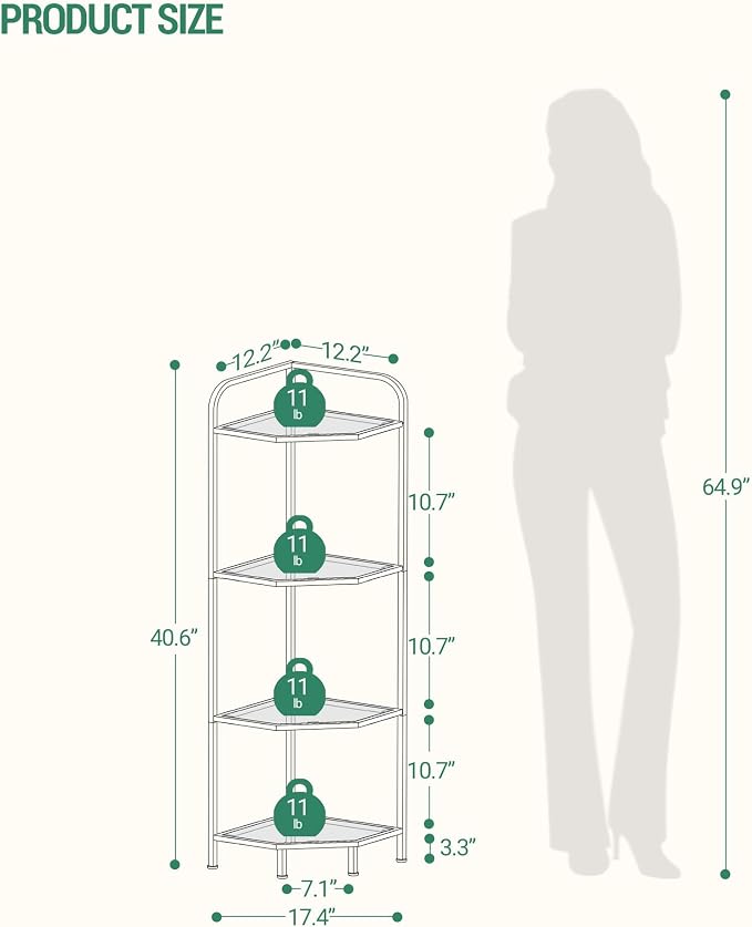 Hzuaneri Corner Shelf Stand, 4-Tier Glass Bookshelf Bookcase, Bathroom Organizer, Plant Stand, Steel Frame, Tempered Glass, Modern Style for Living Room, Bathroom, Kitchen, Golden CS90400G