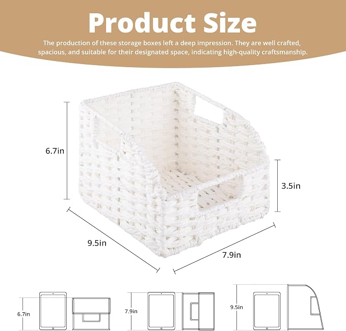 OIAHOMY Pantry Baskets for Organizing, Paper Rope Baskets with Built-in Handles, Wicker Storage Bints for Shelves, 2 Pack-White