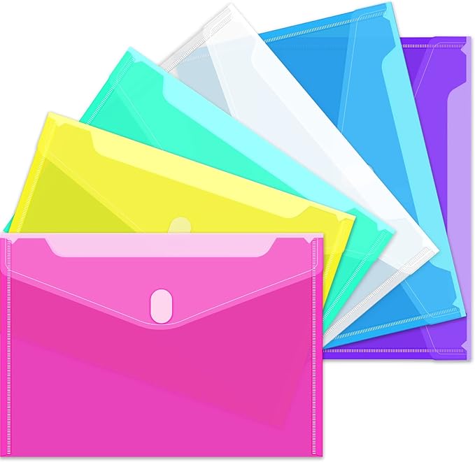 Sooez 6 Pack Plastic Envelopes File Folders, Plastic Folders with Safe Closure, Colored Folder for Documents Organizer Letter/A4 Size, Clear Filing Folder for Office School Supplies Storage, 6 Colors