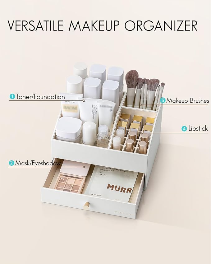 VLANDO Makeup Organizer,Vanity Organizer with Drawers, PU Leather Skincare Organizer Perfume Organizer,Large Cosmetic Display Case for Lipstick,Brushes Gifts for Women-White