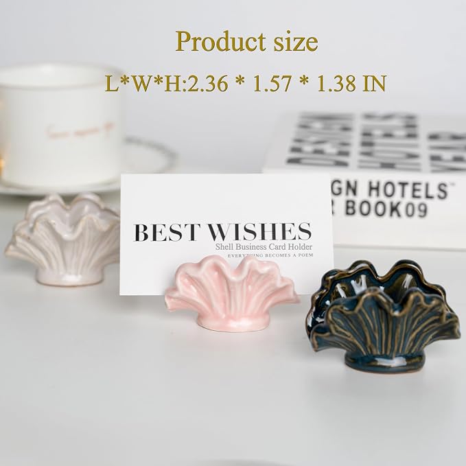 Ceramic Shell Business Card Holder Set of 3 - Pink, White, Blue - Boho Vertical Desk Organizer and Business Card Display for Office,Wedding,Home Decor- Cute Desk Accessories and Unique Gift