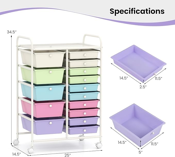 Rolling Cart with 15 Drawers, Utility Cart with Removable Storage Drawers, Lockable Wheels, Art Cart for Home Office Living Room Art Supplies Crafts Paper Scrapbook (Ice Cream)