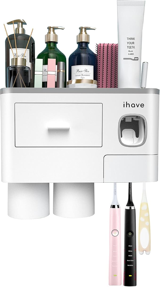 iHave Toothbrush Holders Wall Mounted with Toothpaste Dispenser & 2 Cups | All-in-One Bathroom Organizer: 2 Cups, 6 Slots, Toothpaste Dispenser, Large Tray & Drawer. Wall Mount, No Drilling Required