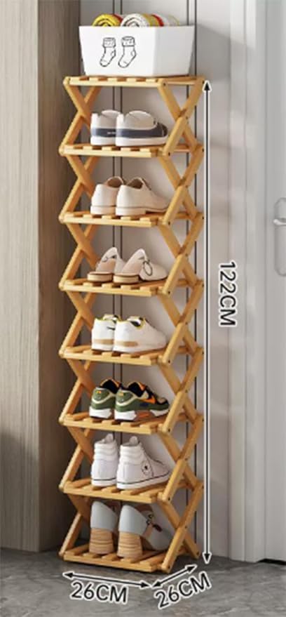 Foldable Shoe Rack, Tier No-Assembly Bamboo Rack, 2026 New Portable Bamboo Corner Shoe Rack, Multifunctional Narrow Shoe Shelf for Entryway, Closet, Corner, Bedroom (8 Layers)