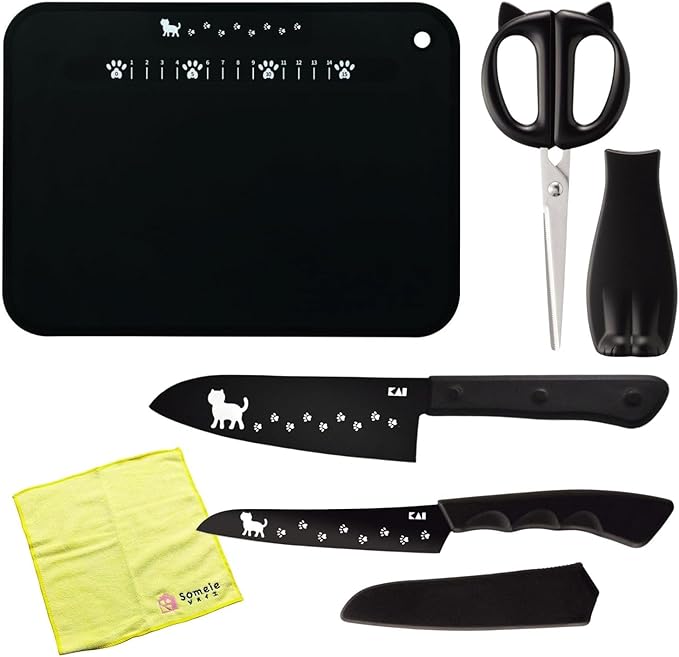 Cute Kawaii Cat-Themed Santoku Knife & Fruit Knife & Kitchen Scissors & Soft Cutting Board & Microfiber Towel Set AB5801,DH2722,DH2721,AP5180