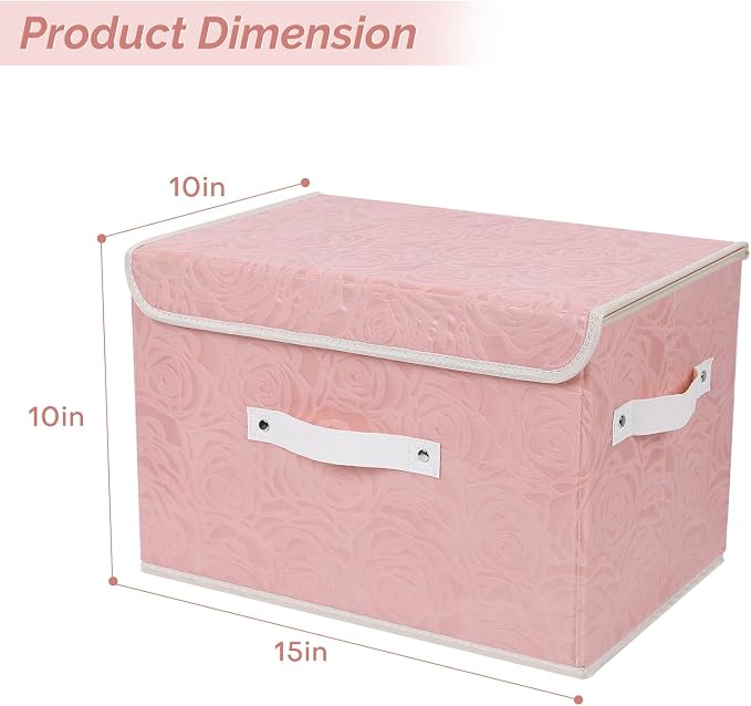Lucky Monet Cute Storage Bin Boxes with Lids Washable Decorative Storage Boxes Pink Lidded Storage Baskets Collapsible Fabric Box Cubes with PU Leather Handles for Shelf Closet, 3 Pack Pink, Large