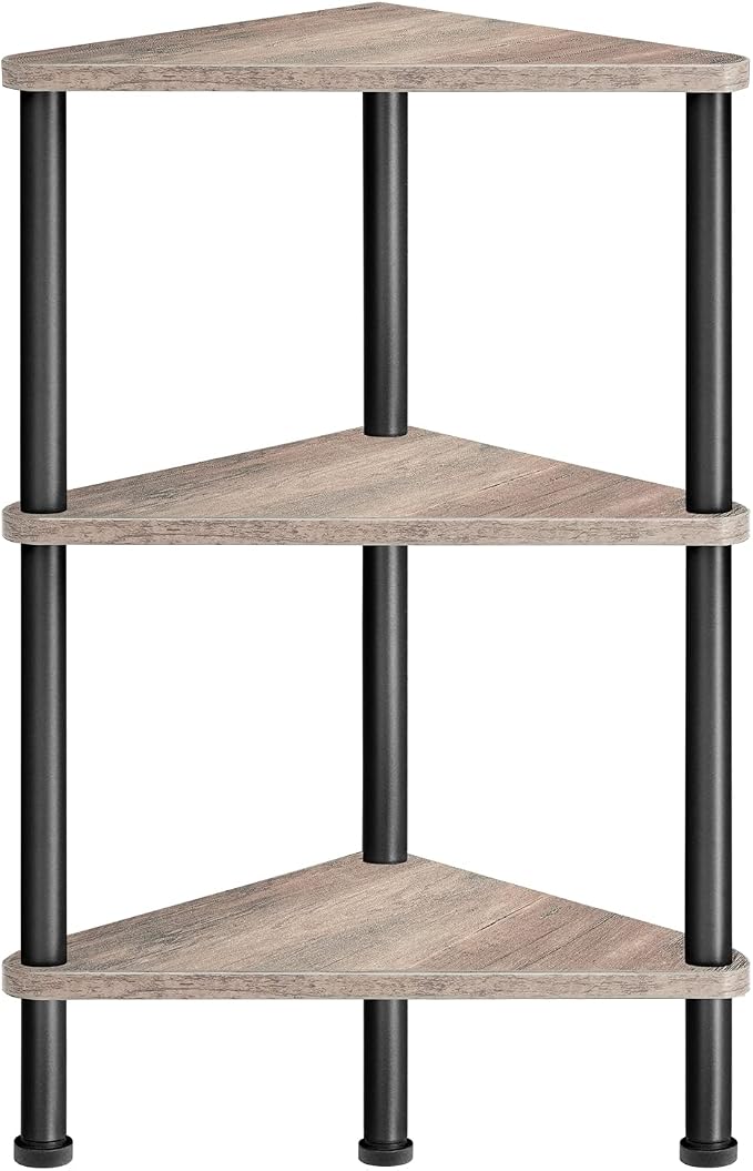 HOOBRO Corner Shelf Stand, Industrial 3-Tier Wall Corner Bookshelf with Metal Frame, Plant Display Shelf, Bookcase for Small Spaces, Living Room, Greige and Black BG30CJ01